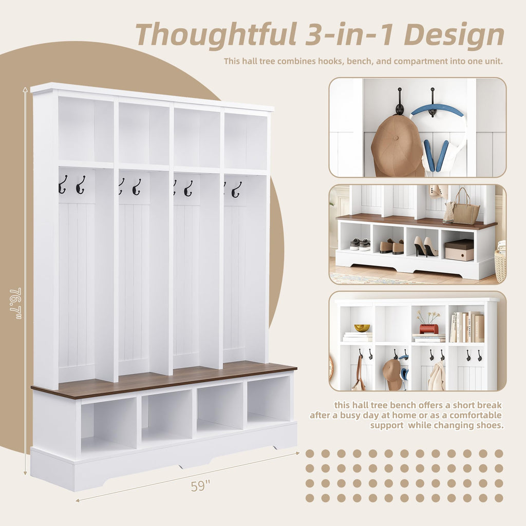 Farmhouse Hall Tree with Bench and Shoe Storage, 59" Entryway Bench with Coat Rack, 8 Hooks and Top Compartments