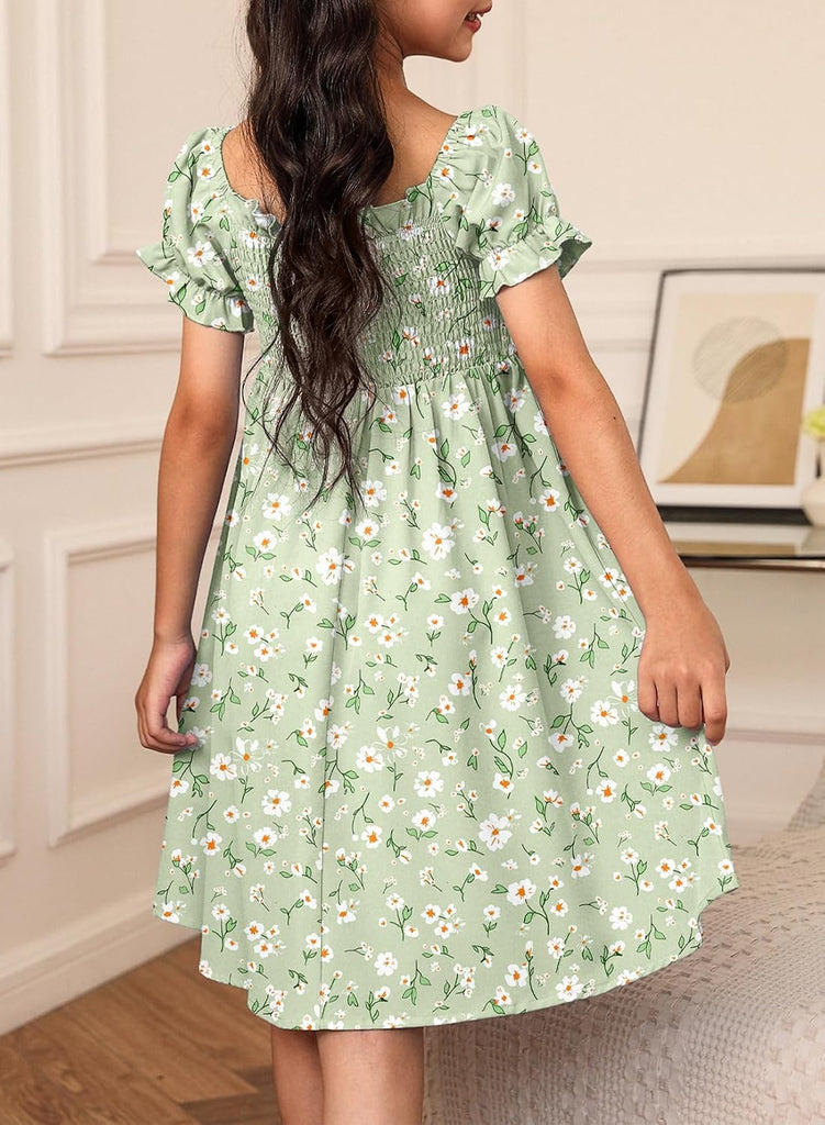 Girls Summer Dresses Floral Boho Short Sleeve Dress