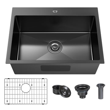 25 x 18 Inch Black Drop In, Single Bowl Topmount Prep Sink 18 Gauge Stainless Steel with Grid and Basket Strainer