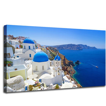 Santorini Greece Wall Blue Dome Ocean Canvas Print Decor 20"x40"