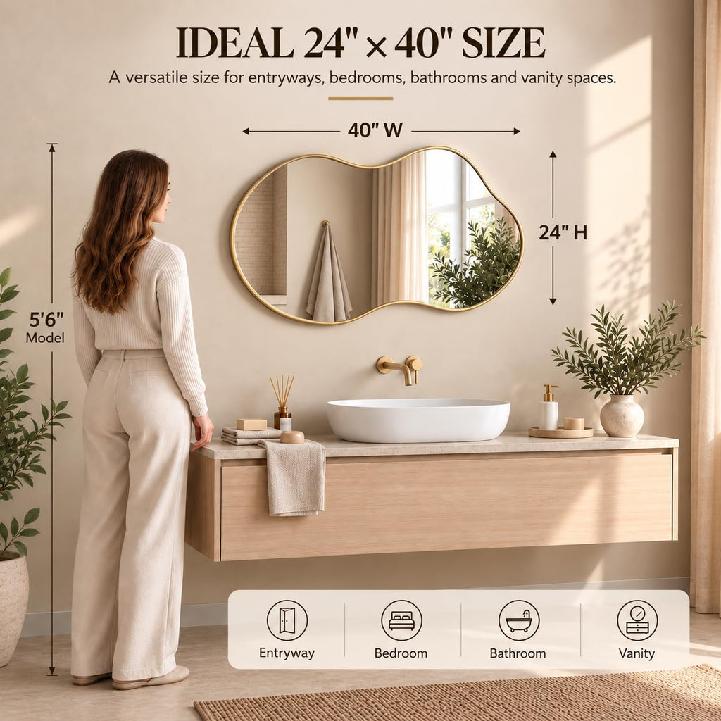Irregular Wall Mirror 24×40 Inch Wall Mirrors Decorative Gold Modern Asymmetrical Abstract Mirror Bedroom Living Room