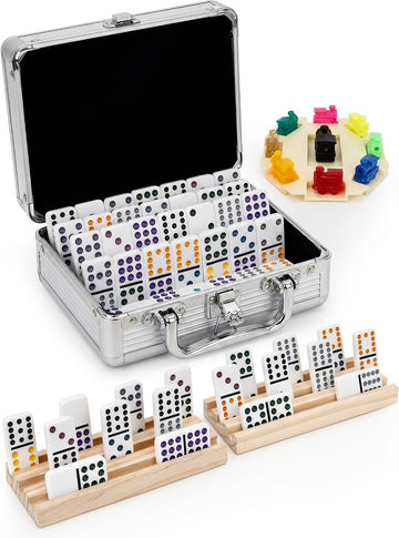 Mexican Train Dominoes Set Double 12-91 Colored Dot Tiles with 4 Wooden Racks, Heavy-Duty Aluminum Case, 9 Trains