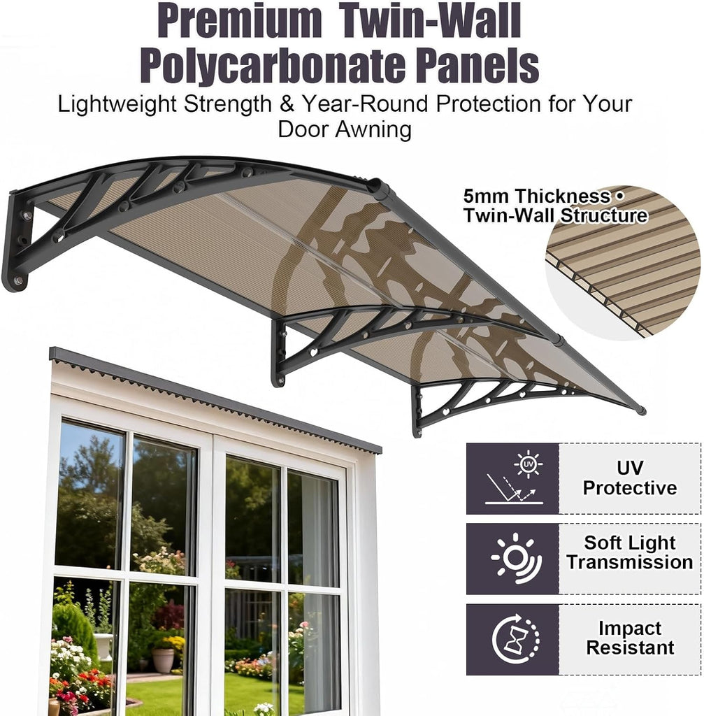 40x60 Window Door Awning Exterior,Polycarbonate Outdoor Overhang Canopy Shelter,UPF 50+ UV Rain Snow Sun