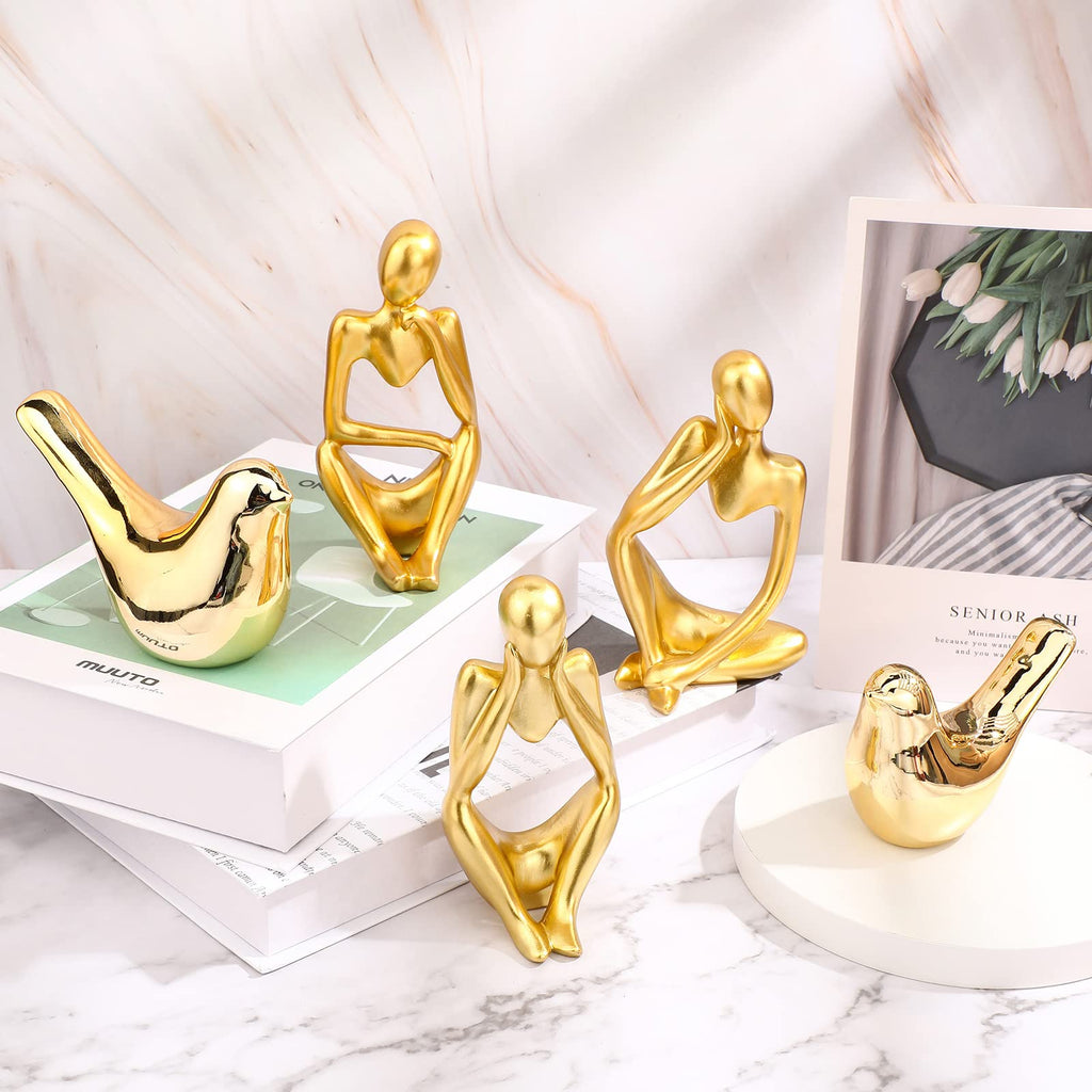 5 Pcs Thinker Statue Bird Figurines Set, Resin Accent Decor, Gold