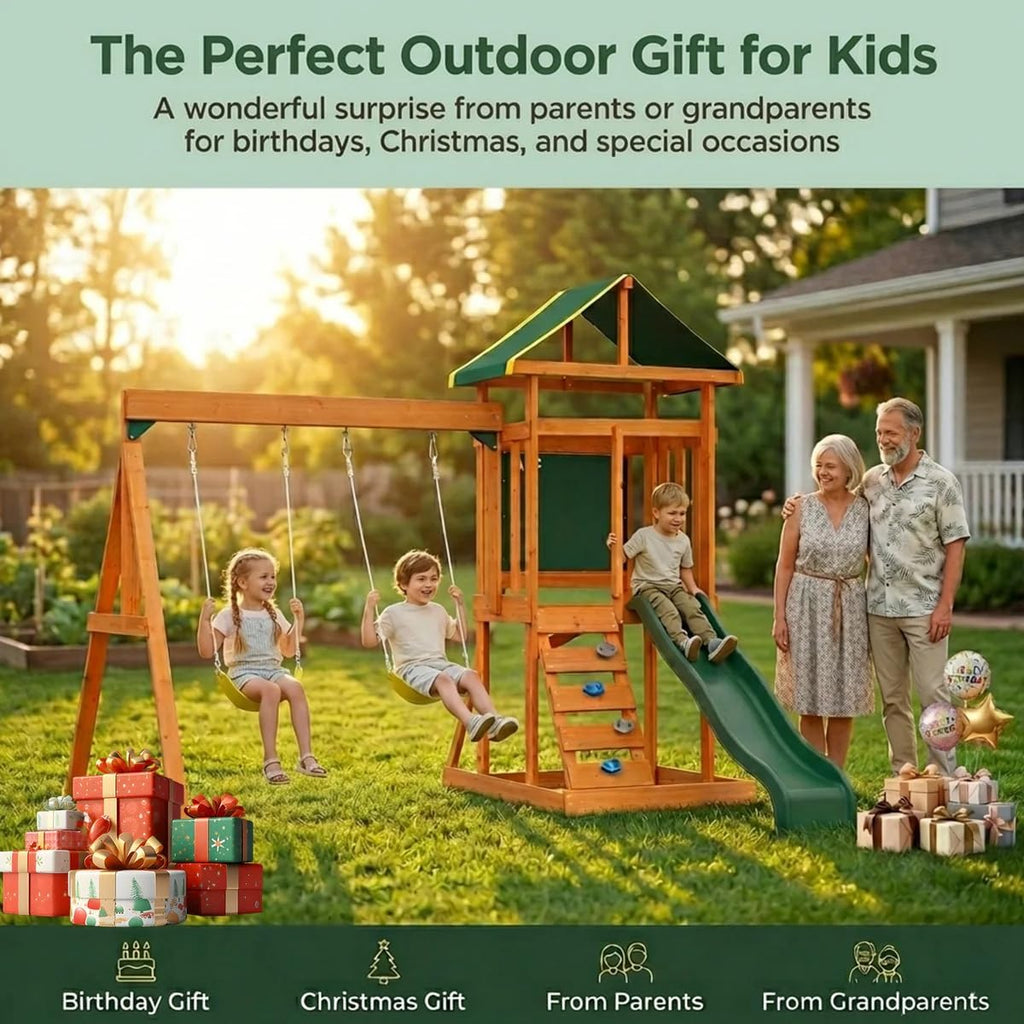 Cedar Wooden Backyard Playset with Swings, Wave Slide, Rock Wall Ladder, Sandbox Chalkboard & Canopy Roof, Outdoor
