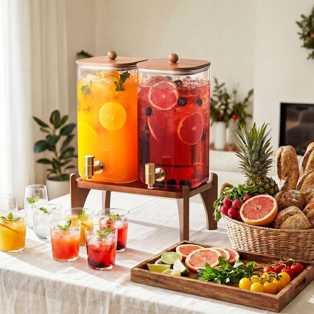 1.5 Gallon Square Glass Drink Dispenser with Wooden Stand & Lid, Large Beverage Dispenser with Stainless Steel - Set of 2