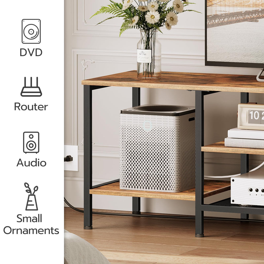 TV Stand with Power Outlets to 75 Inches, TV Console Table with Open Storage Shelves Cabinet, Industrial Media