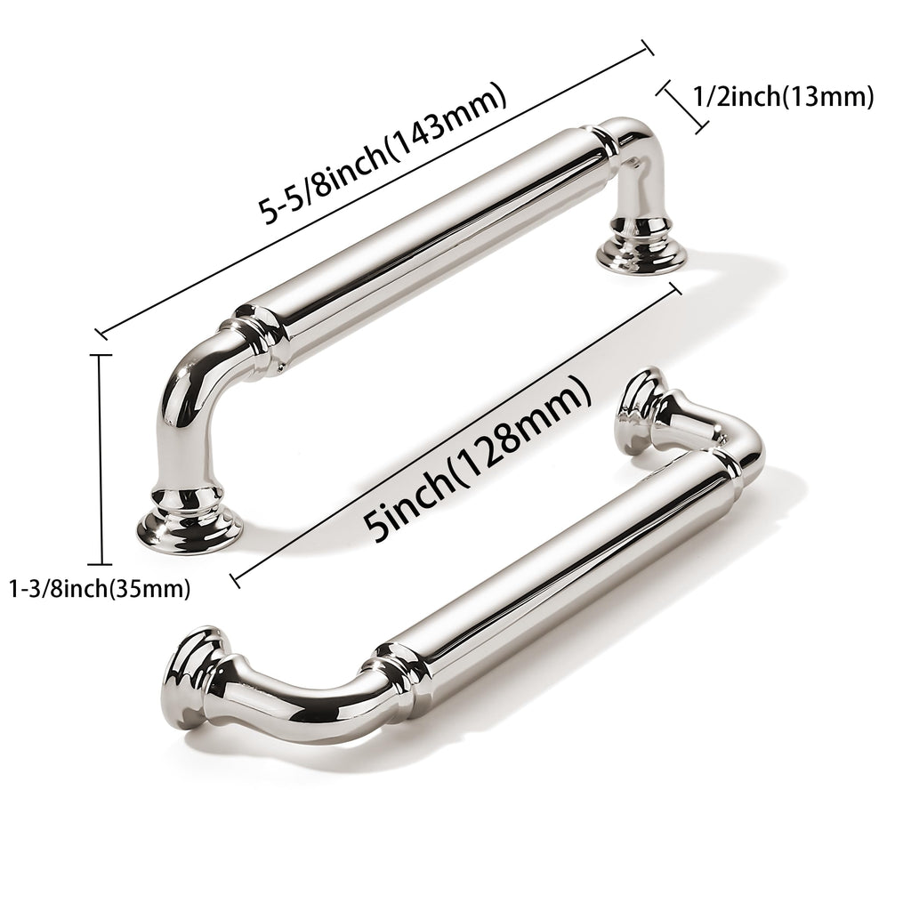 Polished Nickel Heavy-Duty Solid Cabinet Pulls, 5 Inch (128mm) Hole Center, Drawer Pulls, Cabinet Hardware