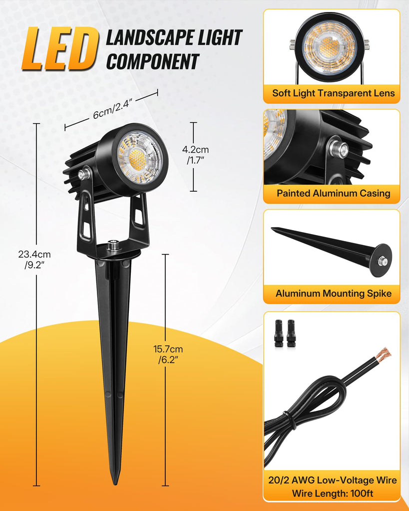 All-in-One LED Low Voltage Landscape Lighting Kit, 12-Pack Landscape Lights with Transformer, 100FT Wire