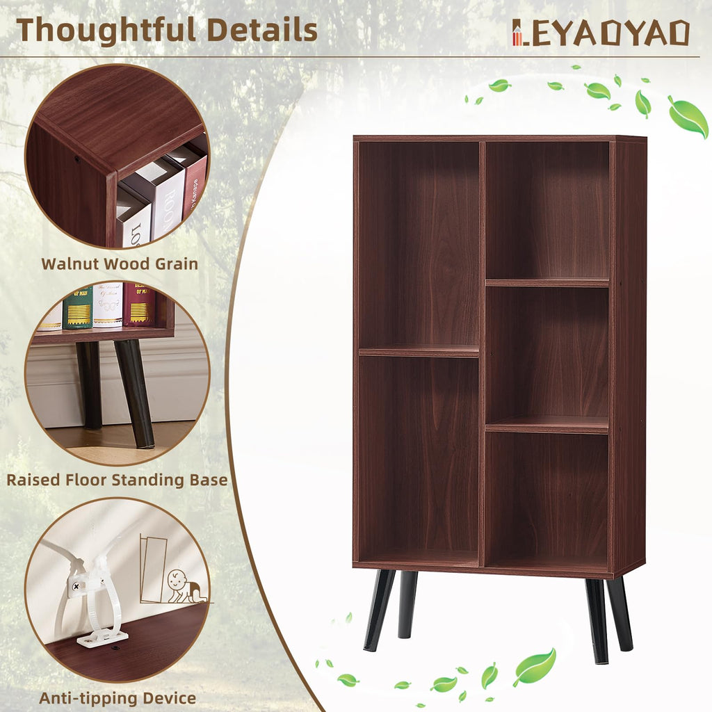 5 Cube Bookshelf, Mid-Century Modern Book Shelf with Legs, Walnut