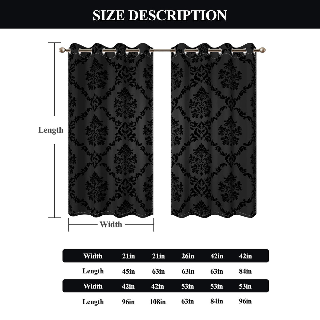 Black Print Blackout Curtains 84 inch Long - Ombre Damask Gothic Window Drapes Thermal Insulted Curtains Living Room