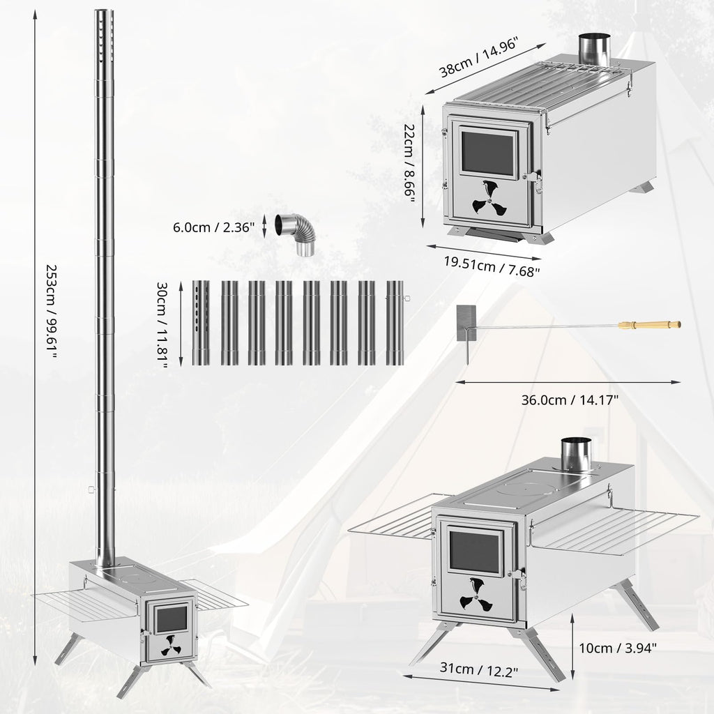 Wood Stove, Hot Tent Stove Camping Portable Stainless Steel Wood Burning Stove with 7 Chimney Pipes for Wall Tent