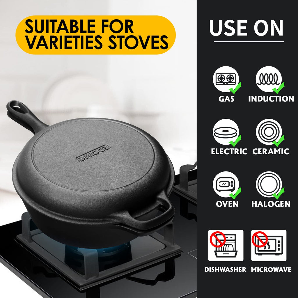 2-in-1 Pre-Seasoned Cast Iron Dutch Oven Pot with Skillet Lid Set, 10" Skillet 3QT Pot for Cooking, Baking, Frying