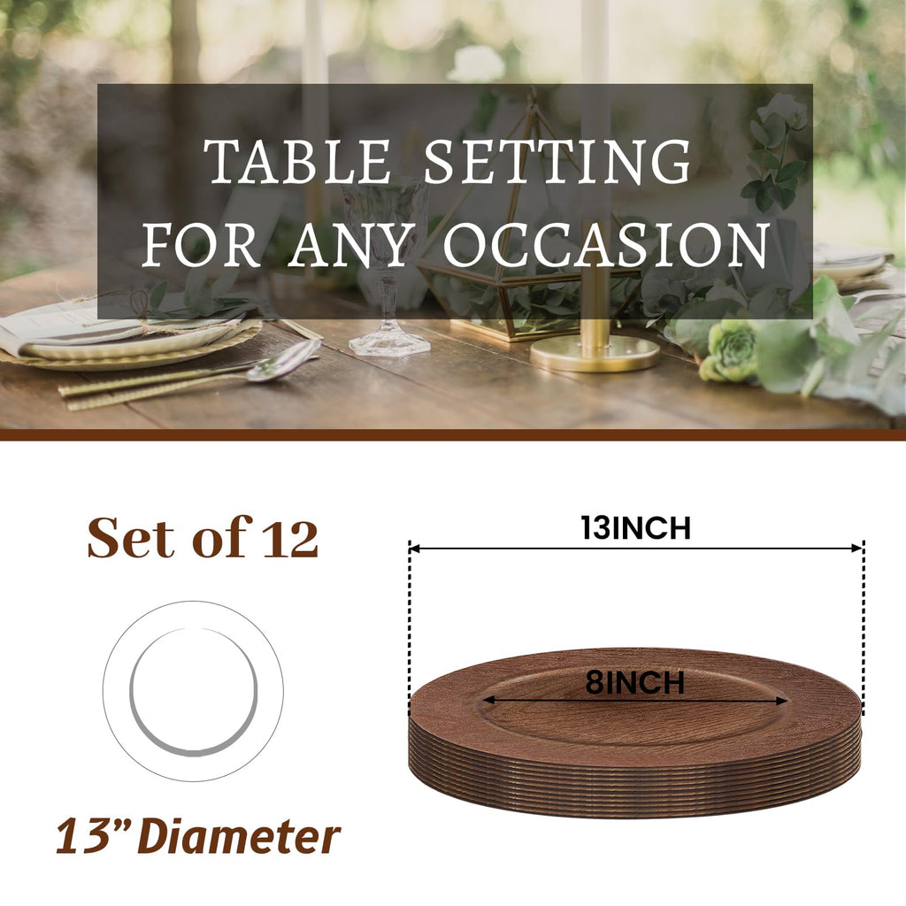 Dark Brown Charger Plates Set of 12, Faux Wood Plate Chargers