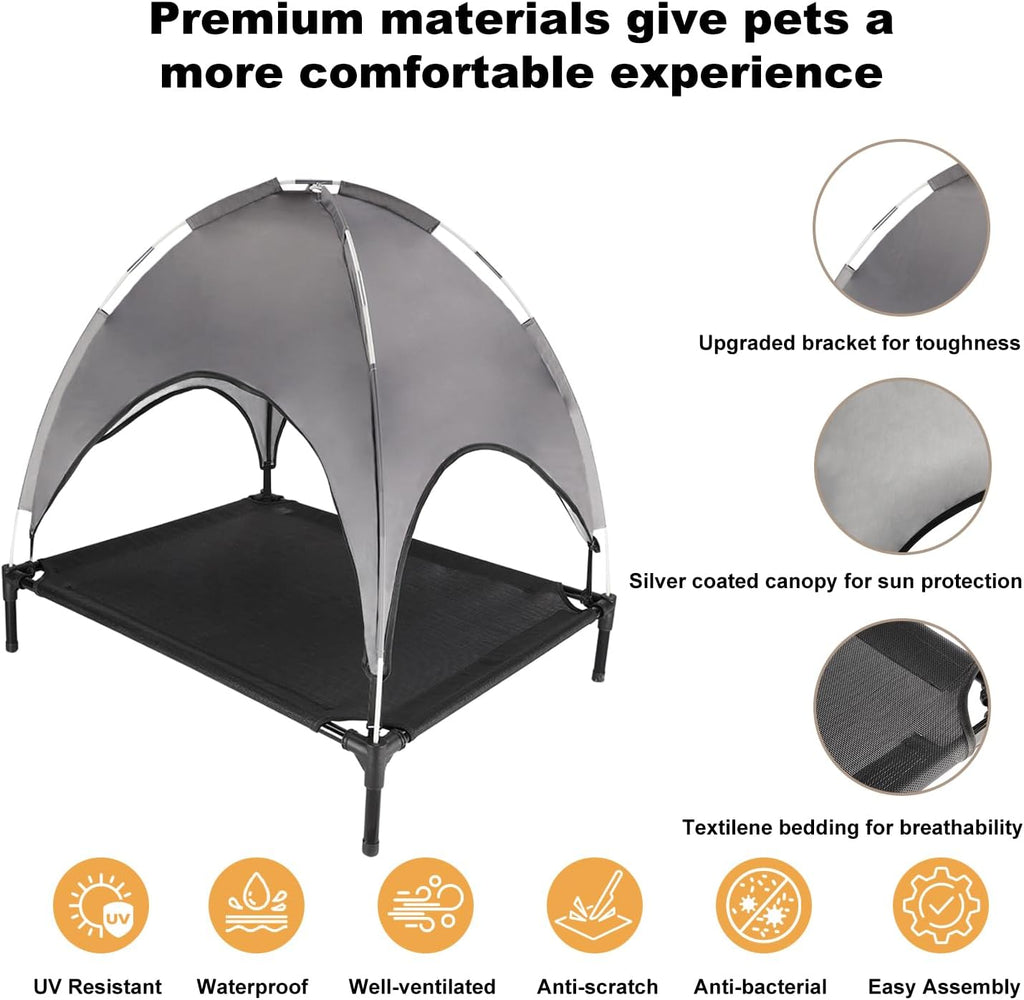 Outdoor Dog Bed with Canopy, Elevated Cot, Up to 100 lb, Gray