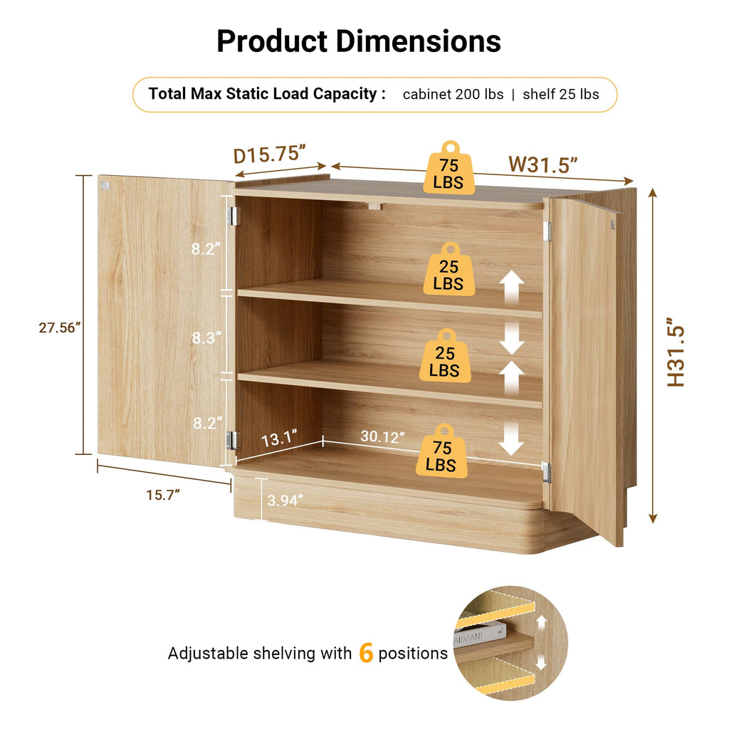 Sideboard Buffet Cabinet with Storage, 31'' Natural Oak Wood Buffet with Adjustable Shelves & 210° Wide-Opening