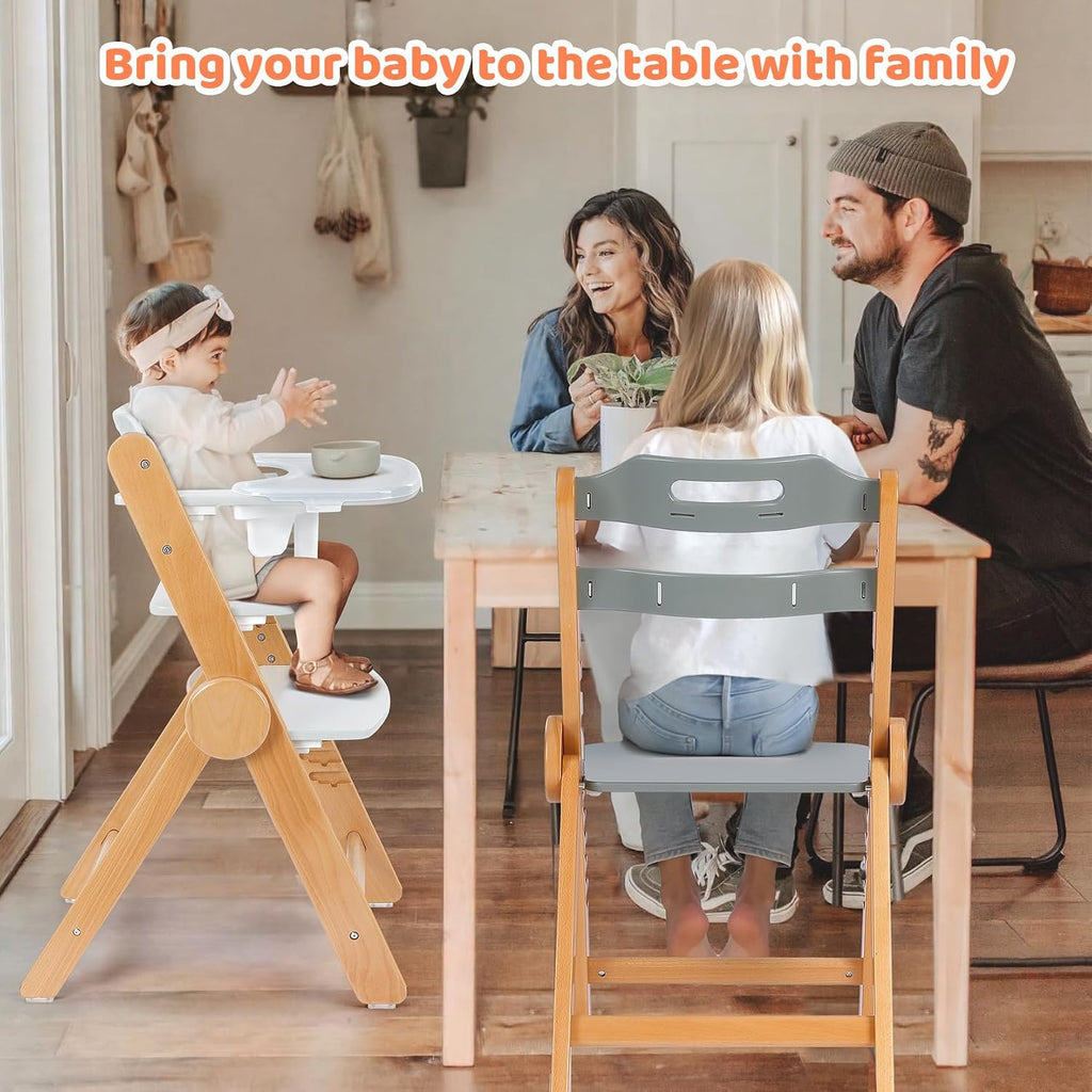 Foldable Wooden High Chair, No-Tools Adjustable Baby High Chair for Toddlers to Adult, Space-Saving Space Highchairs