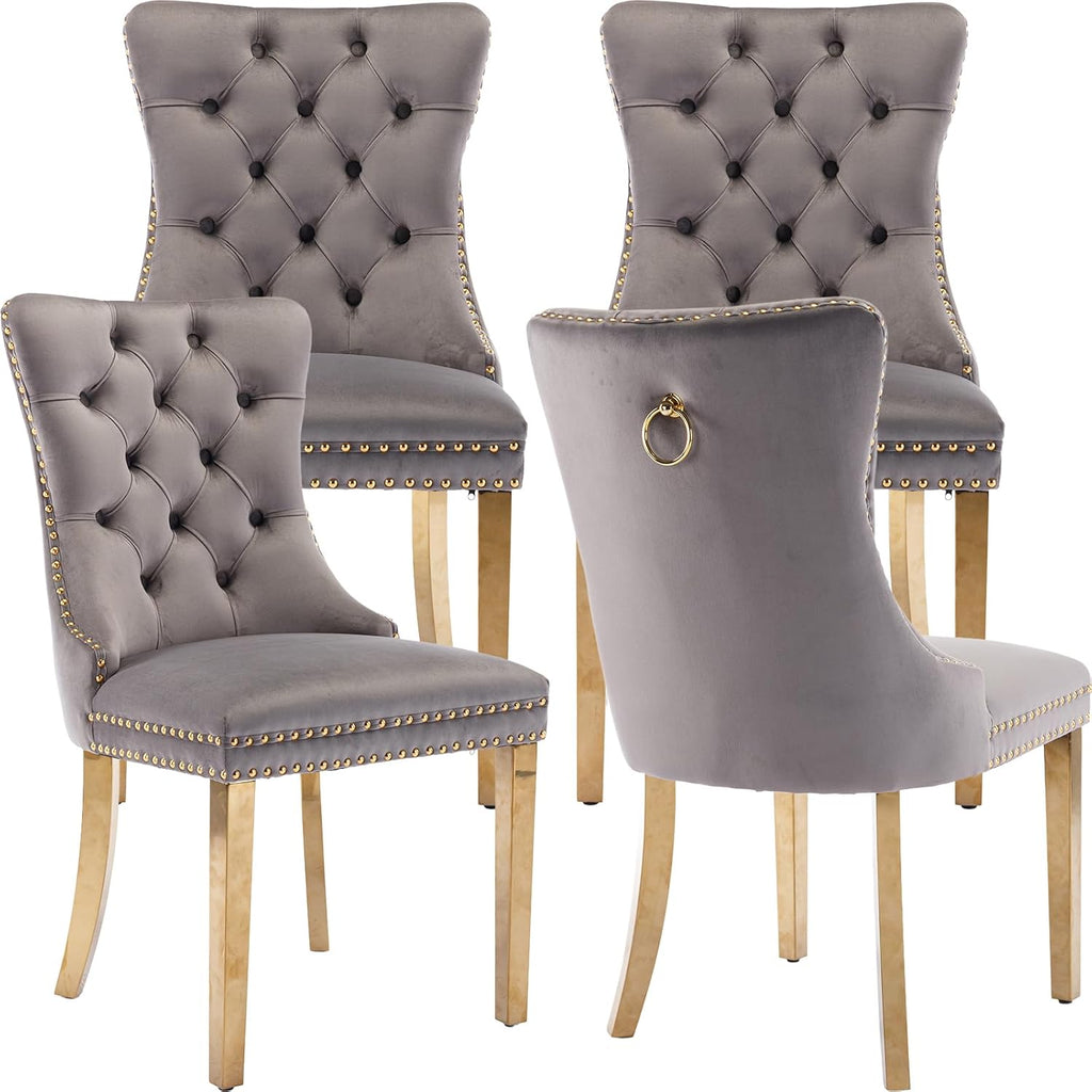Luxury Upholstered Dining Chairs Set of 4, Grey Kitchen Chair with Golden Metal Legs, Velvet Tufted Back Dining Chair