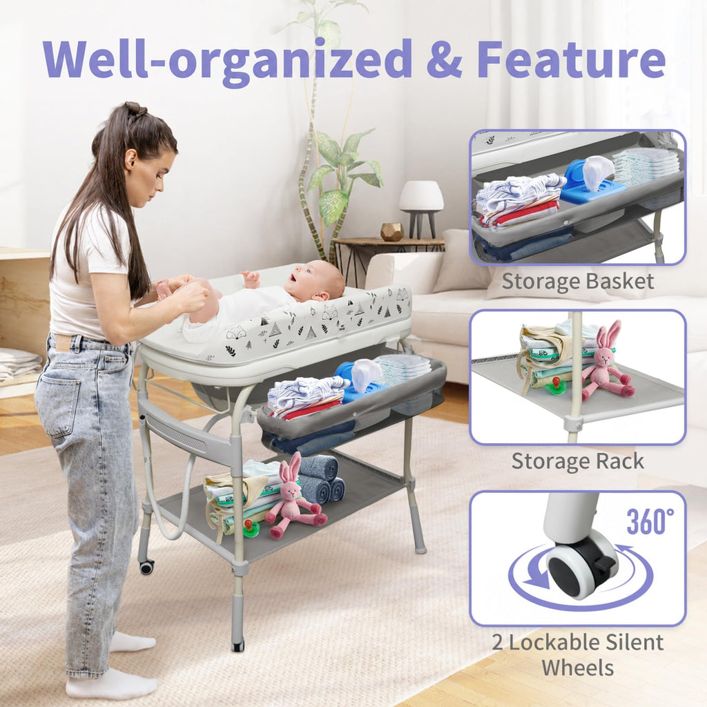 2 in 1 Baby Bathtub with Changing Table, Waterproof Diaper Changing Station Portable Changing Table Adjustable Height