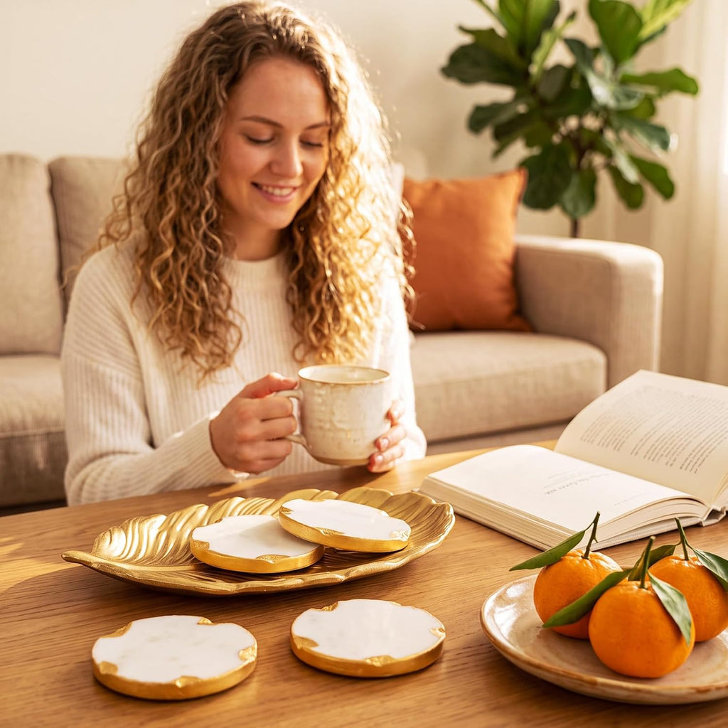 White Marble Coasters with Gold Leaf Tray Set Decorative Round Drink Coasters with Gold Foil Edge for Coffee - Set of 5