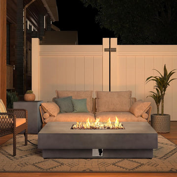 60-inch Outdoor Propane Fire Pit Coffee Table with Tank Cover, 50,000 BTU Concrete Rectangle Modern Outside Fire