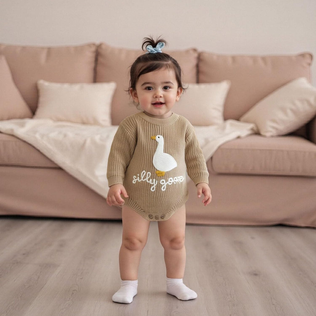Newborn Baby Boy Girl Sweater Romper Silly Goose Embroidery Knit Onesie Knitted Bodysuit Warm Fall Winter Clothes