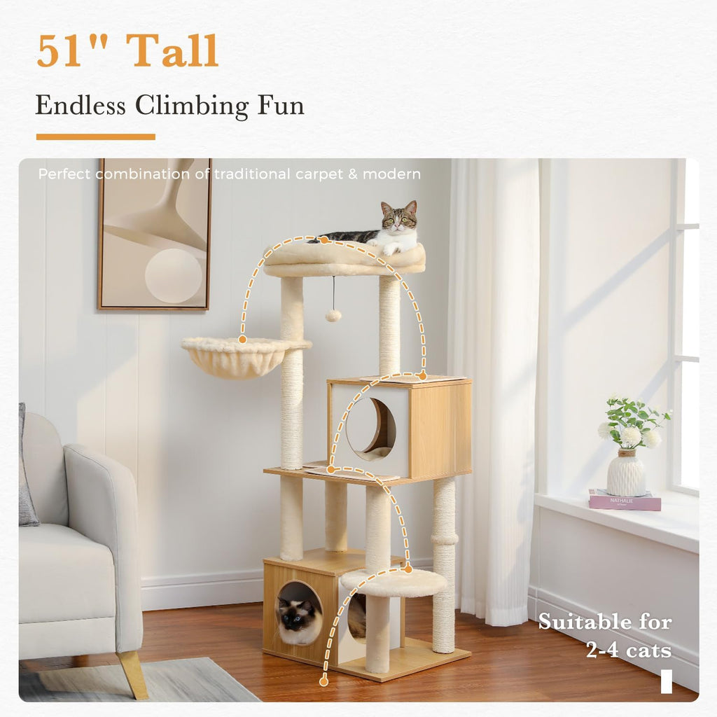 51" Cat Tower Dual Condos, Wooden Cat Tree with Perch&Hammock