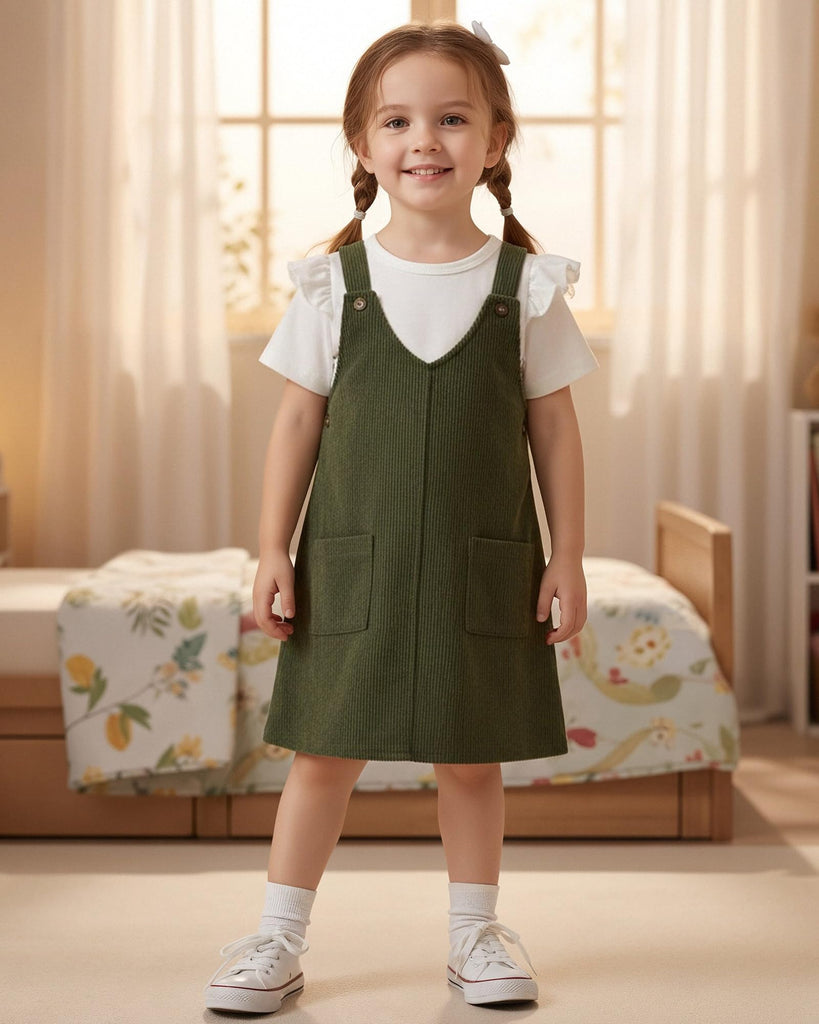 Toddler Little Girl V Neck Corduroy Pinafore Overall Jumper Dress Ruffle Short Sleeve T-Shirt Summer Clothes Set