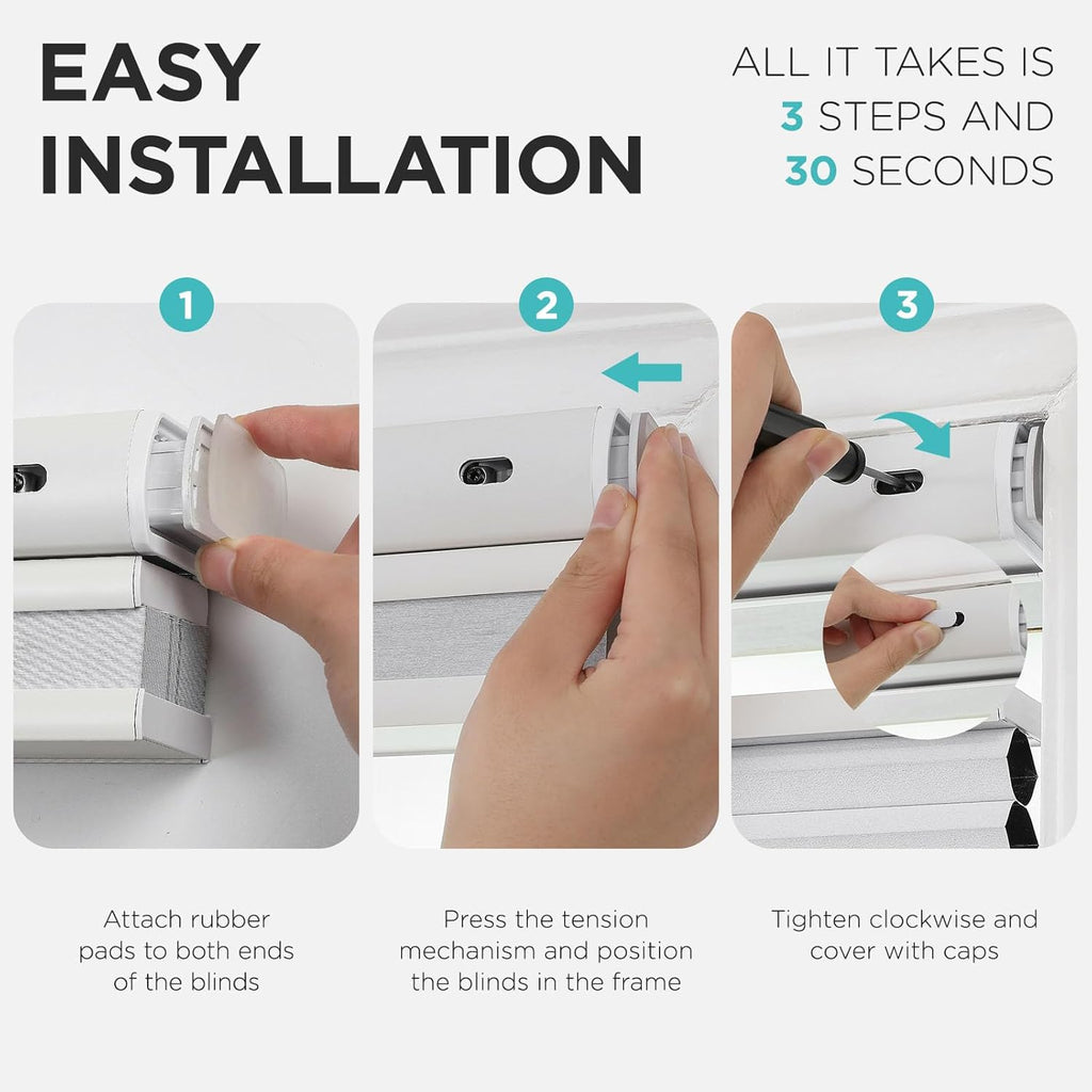 No Tools No Drill Blinds for Indoor Windows, Cordless Window Blinds Cellular Shades Top Down Bottom Up Blackout