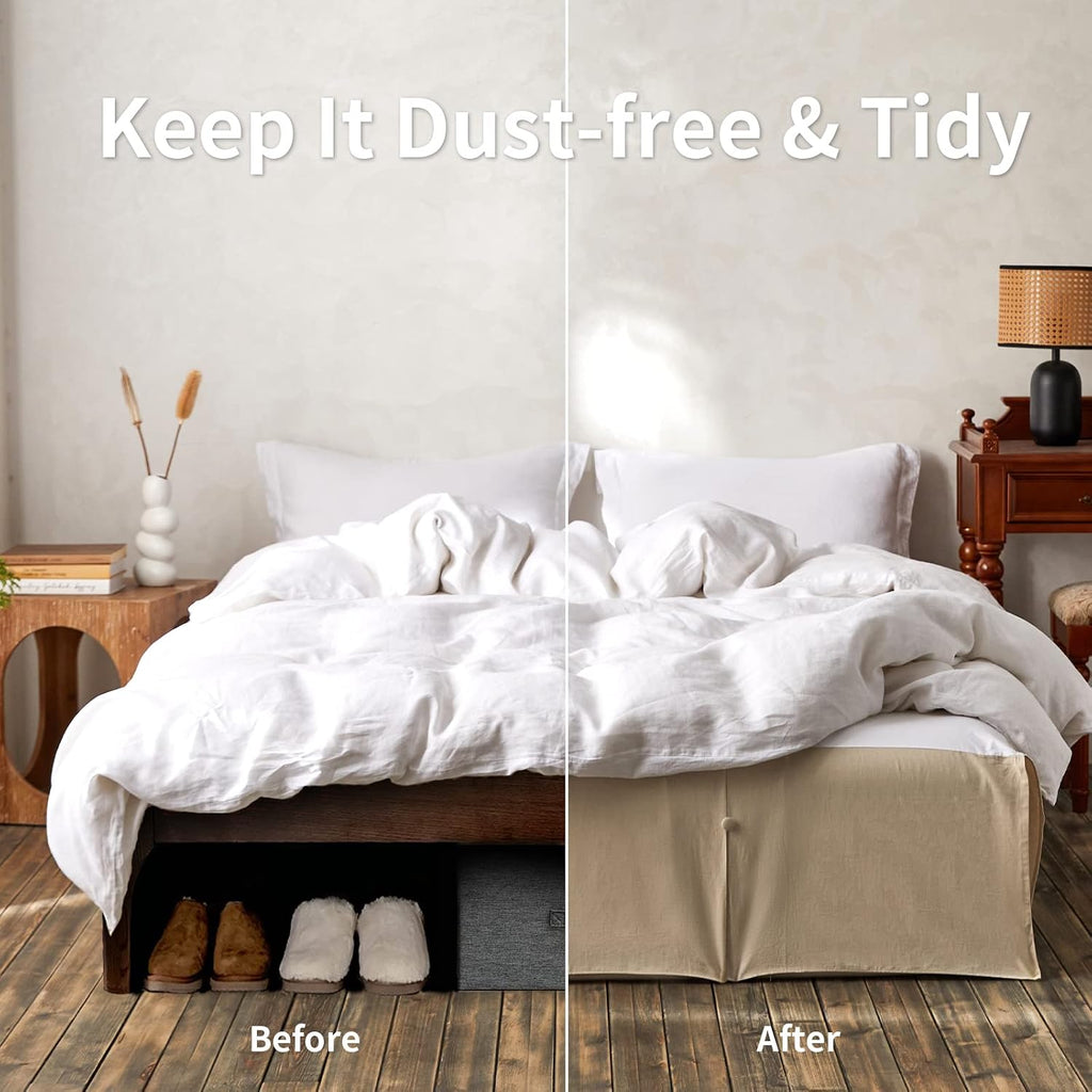 French Linen Bed Skirt Split Corner with Button 18-Inch Tailored Drop Natural Flax Cotton Blend Basic Dust Ruffle