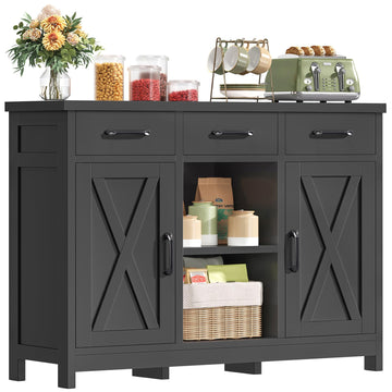 Coffee Bar Cabinet with 3 Drawers, Farmhouse Buffet Cabinet