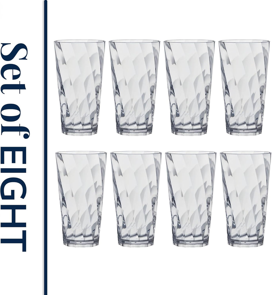 Optix Plastic Reusable Drinking Glasses (Set of 8) 20oz Water Cups in Clear | BPA-Free Tumblers, Made in USA |