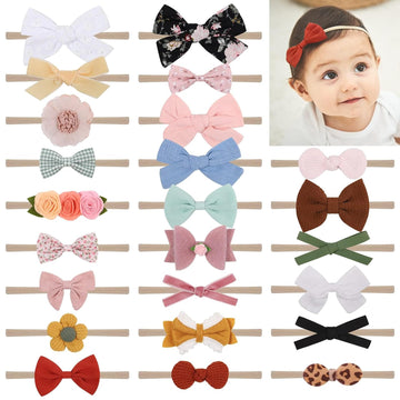 Baby Girl Headbands 24PCS Nylon Linen Handmade Hairbands with Hair Bows and Accessories for Newborns, Infants
