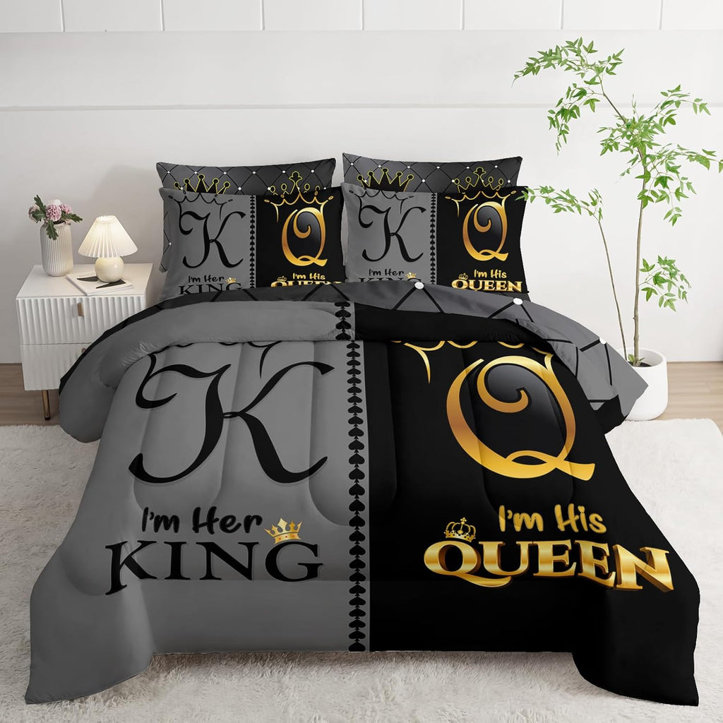 Grey and Black Comforter Set Queen IZE,7-Piece K and Q Printed Crown Couple Bed in a Bag,His Her Lover Comforter & Fitted Sheet & Flat Sheet & 2 Pillowcases,2 Pillow Shams