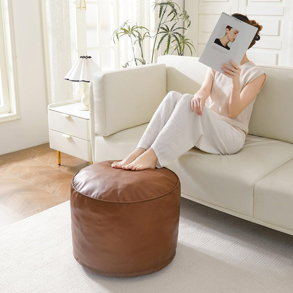 Round Stuffed Pouf Ottoman, Pu Leather Poufs with Foam Chunk Filling Foot Stool Storage Ottoman, 26 X 18 Floor Poufs