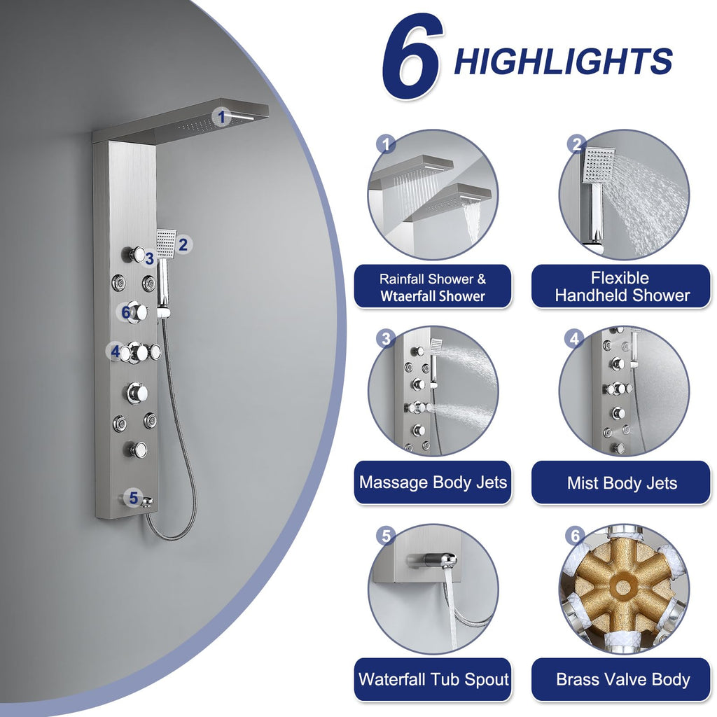 6 in 1 Rainfall Waterfall Shower Panel Tower System, Brushed
