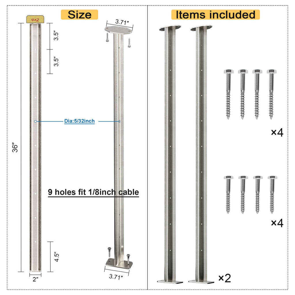 2-Pack Cable Railing Post 36inch Stainless Steel Pre-drilled Intermediate Post/Studdle Pickets for 1/8" Deck Cable