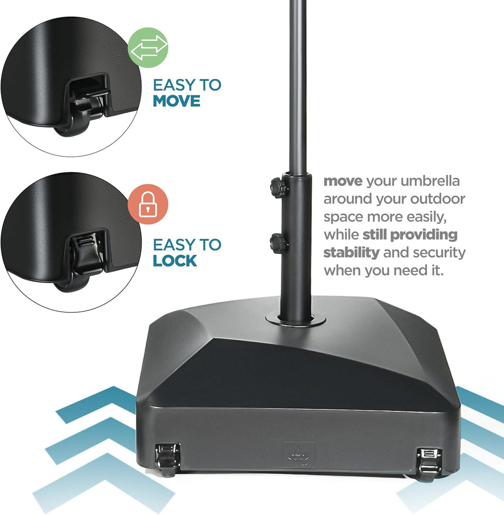 Umbrella Base - Fillable Umbrella Pole Holder 2 Knobs, with Heavy Duty Windproof Design . 4 Wheels, 2 Locks - Black