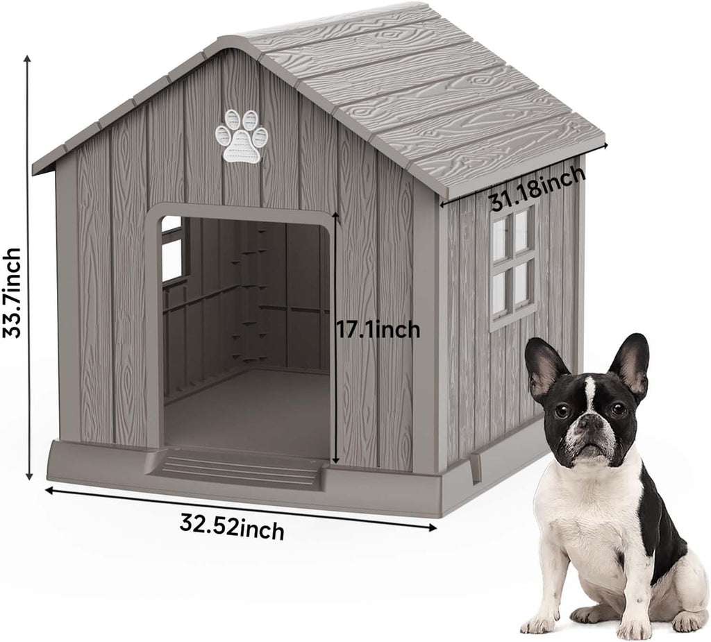 Dog House Outdoor Indoor, Dog House Weatherproof Resin Shelter with Air Vents and Elevated Floor for Small Medium