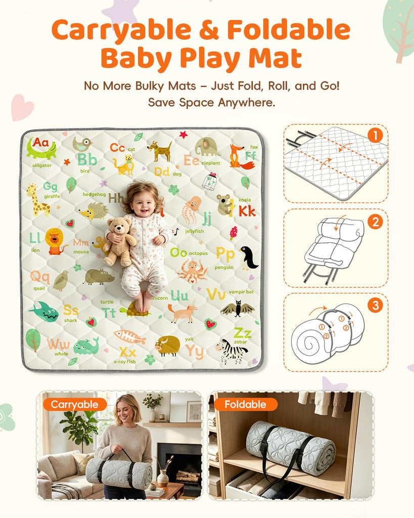 Play Mat for Floor 65"x50", Foldable Playpen Mat for Tummy Time, Thick Non‐Slip Crawling Mat with Carrying Handle