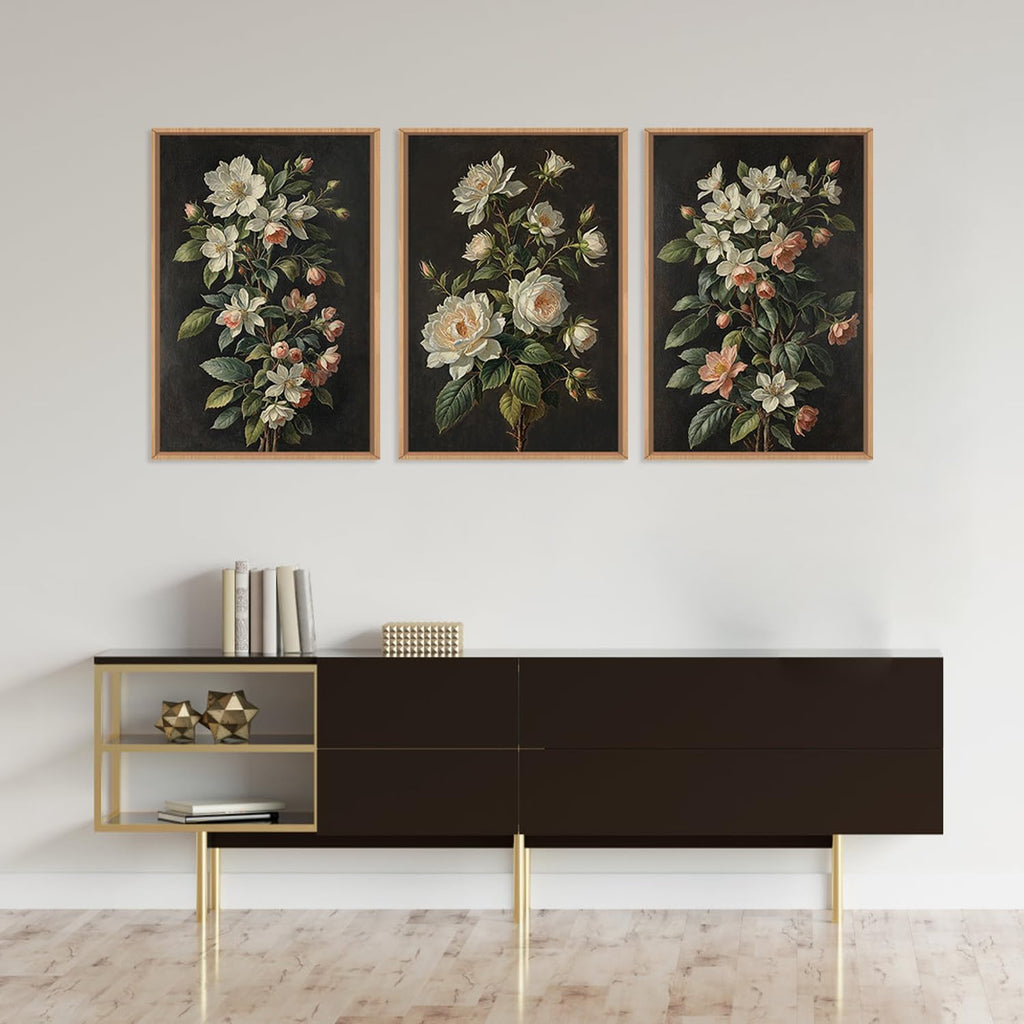 Large Dark Moody Flowers Framed Canvas Print Wall Art Set,Vintage Antique Black Botanical Wall Decor,Retro Modern