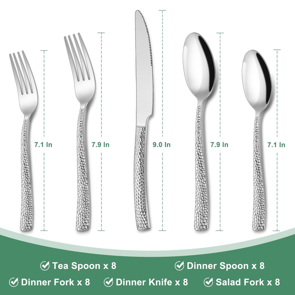 Hammered Silverware Set, 40-Piece Stainless Steel Wave Flatware Set for 8, Food-Grade Tableware Cutlery Set, Utensil