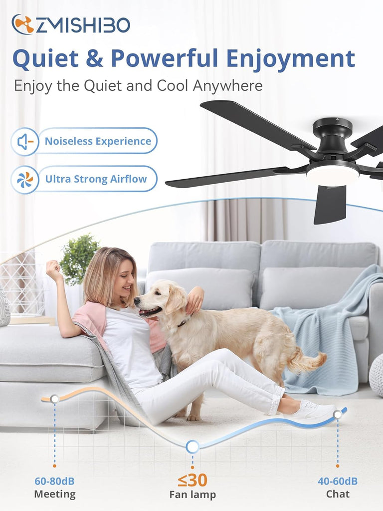 52 Inch Ceiling Fan with Light, App&Remote Control, Flush Mount Low Profile, Dimmable 20W LED Light, Quiet Reversible Motor for Bedroom, Living Room, Apartment, Black A101-B0DPHBLS5W