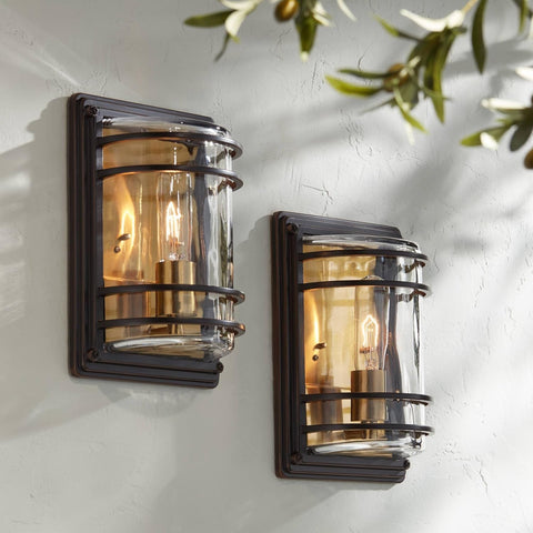 Modern Outdoor Wall Light Fixtures Set of 2 Bronze 11" Clear Glass Shade for Exterior Barn Deck House Porch Yard Patio Outside Garage Front Door Garden Home Roof Lawn A123-B098FCKQ6K