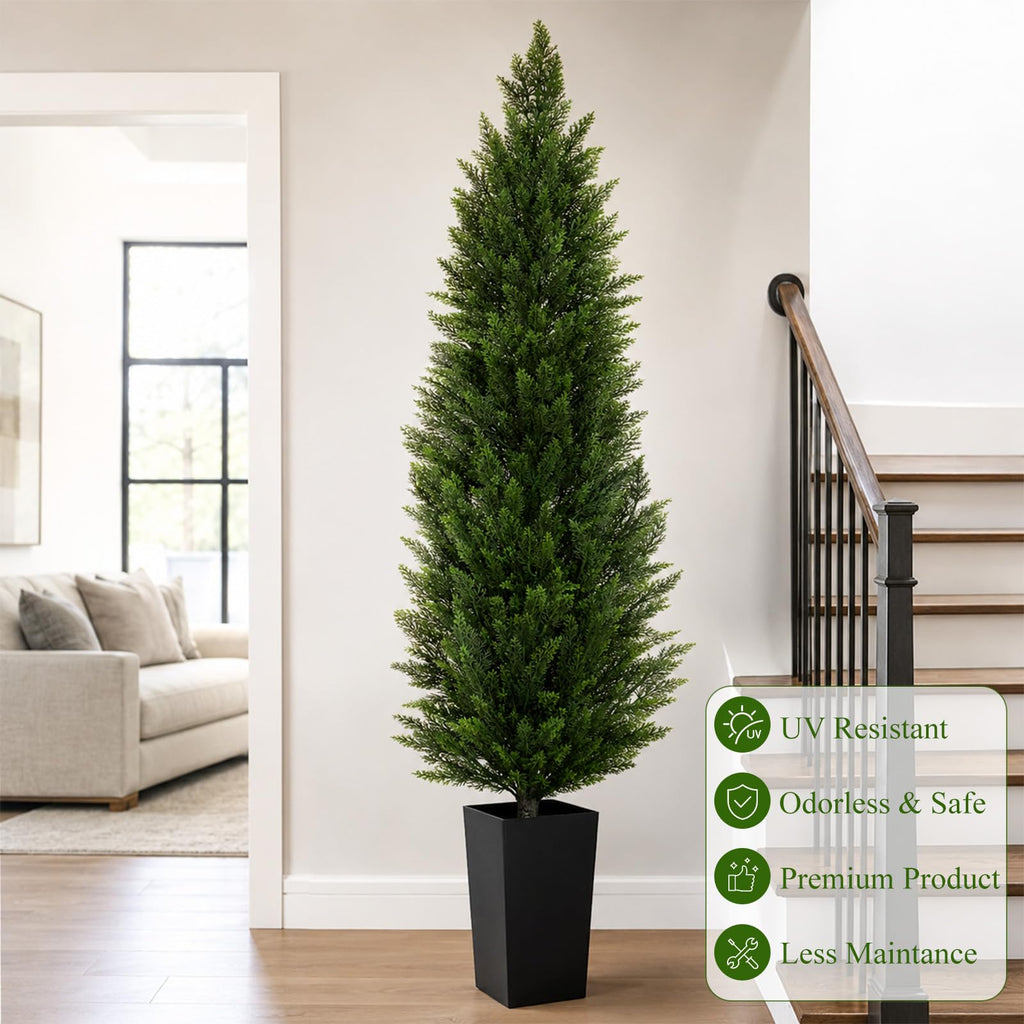 7FT Artificial Topiary Trees with Black Planter, Tall UV Resistant Fake Cedar Tree for Outdoor, Faux Shrubs Plants