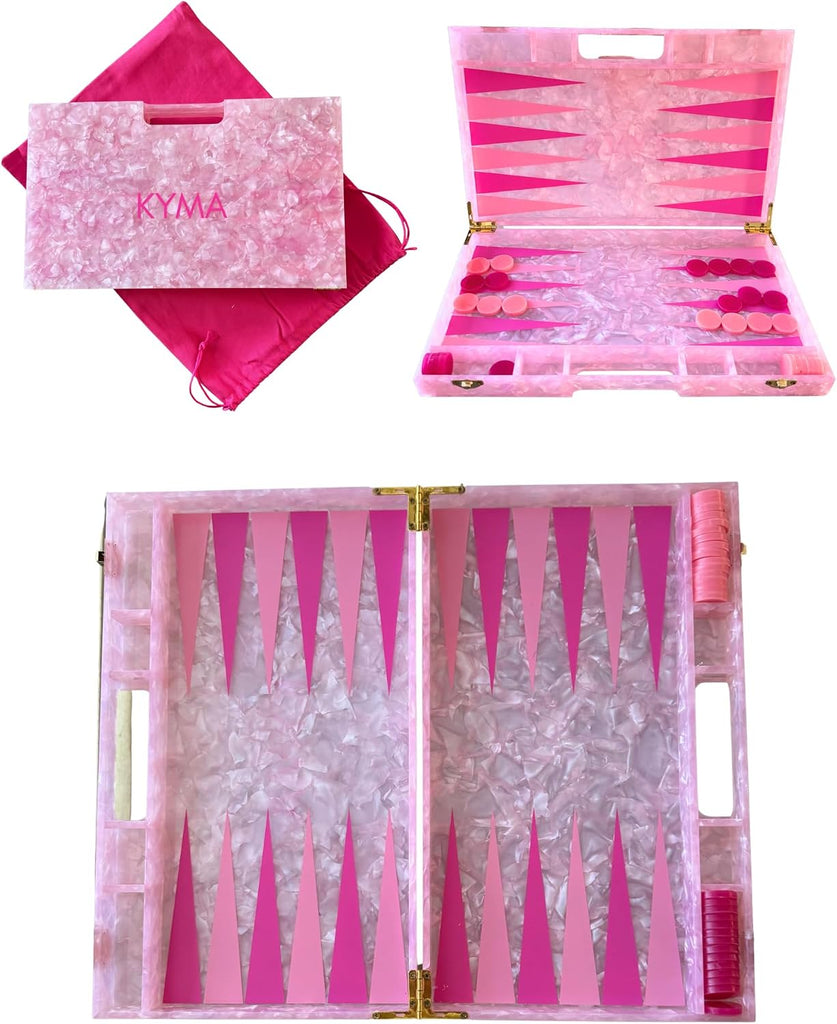 Luxury Backgammon Set, Board Game with Dust Bag, Marbled Pink with Gold Hardware, Acrylic Material, 14", Complete - Set of 30