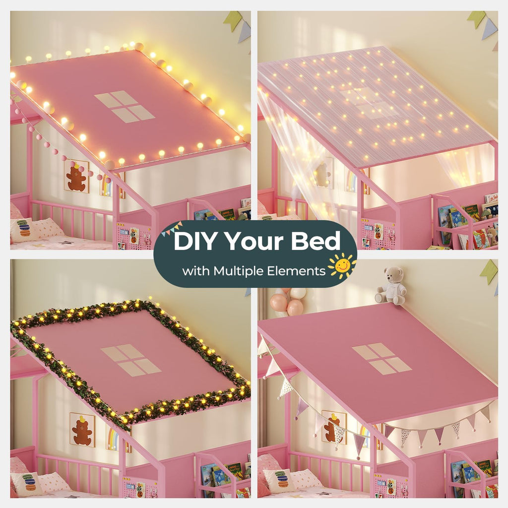 Montessori Full Size Floor Bed, Safety Guardrails, Reading Nook, Pink | House Shape, Wide Soft Padded Seat, Sling