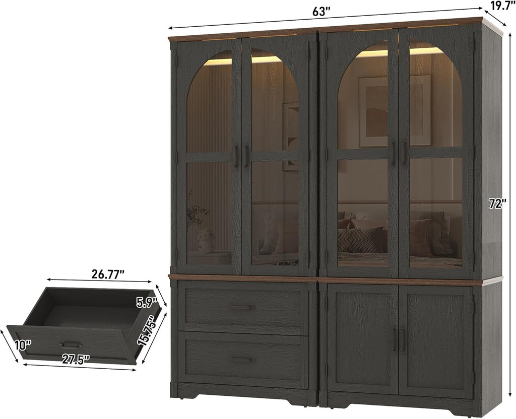 Tall Farmhouse 4 Doors Armoire Wardrobe Closet with LED ,72" Freestanding Arched Wardrobe Closet Cabinet w Glass