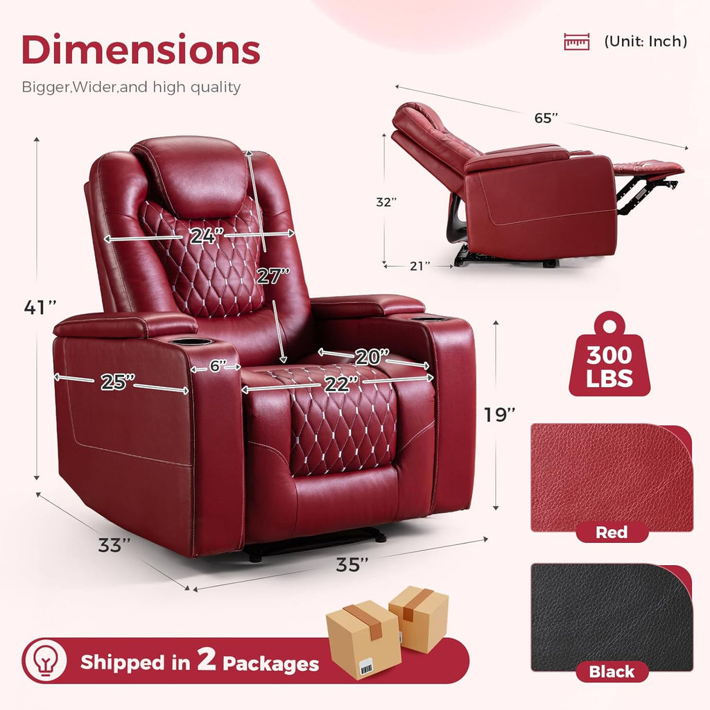 Power Recliner Chair with USB Ports and Cup Holders - Overstuffed Electric Home Theater Seating PU Leather Reclining Furniture with Hidden Arm Storage, Easy to Clean (Red) A120-B0B7HYLR4P