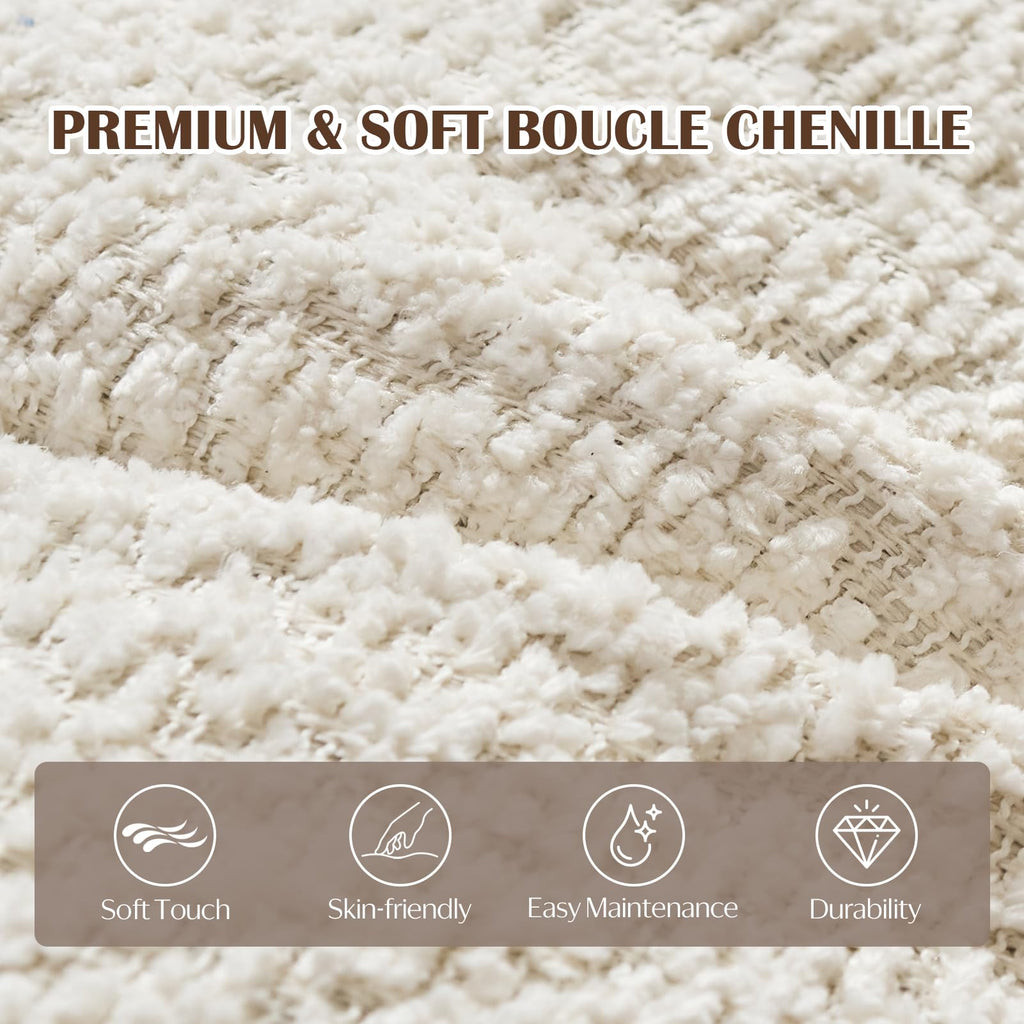 Round Ottoman, Chenille Pouf Foot Rest, Beige, 20x15 in